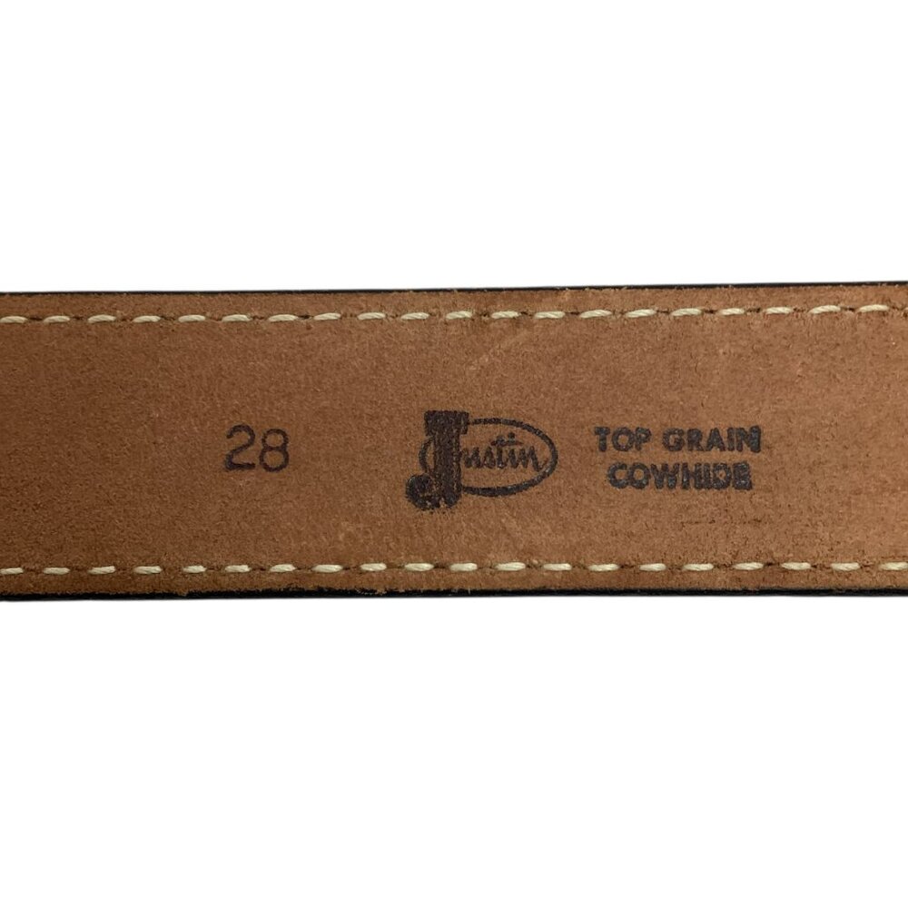 Justin Tooled Black Leather Belt Eagle Buckle Solid Brass Mens 28 Made In USA NW - Picture 6 of 9